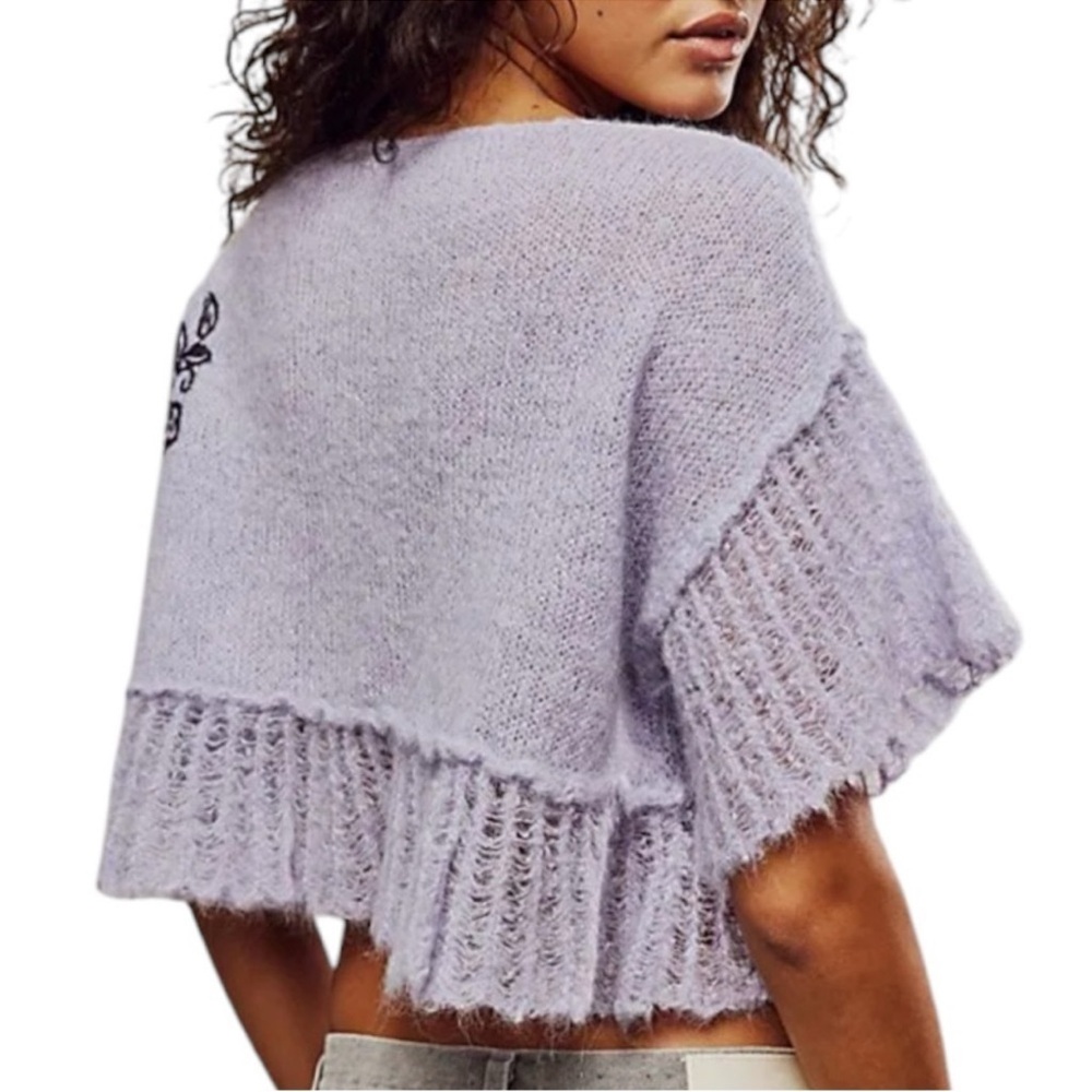 Free People Lavender Knit Crop Top with Black Embroidery - Picture 2 of 6